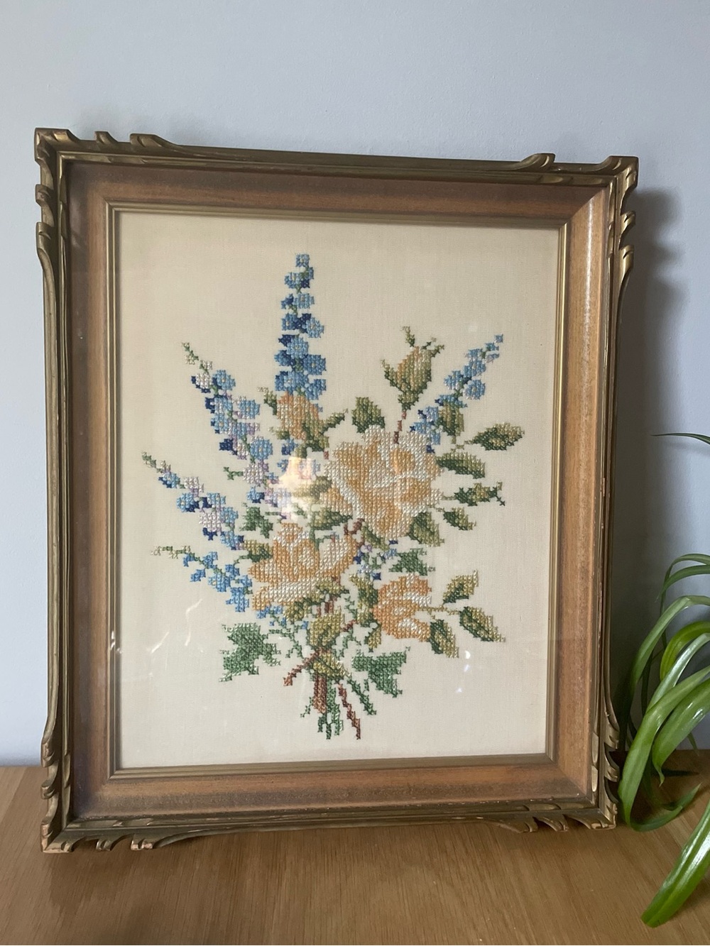 Vintage Framed Floral Cross Stitch Artwork in Gold Wood Frame 1940s